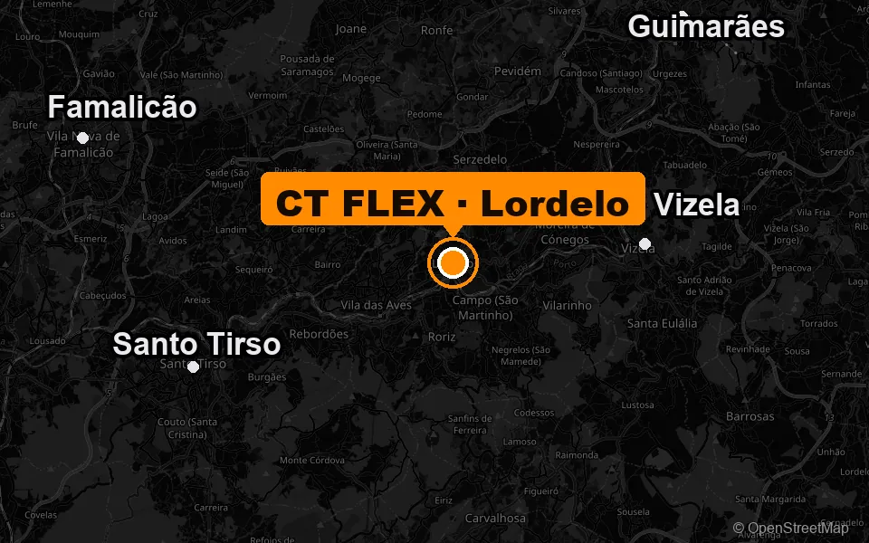 Mapa: o CT FLEX fica em Lordelo, entre Guimarães, Vizela, Santo Tirso e Famalicão